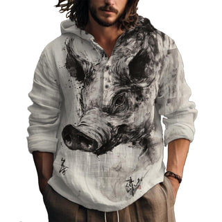 MARSVOVO Hooded Long Sleeve Shirt Men Fashion Graphic Button Up Lightweight Big and Tall Casual Vacation Shirts for Men