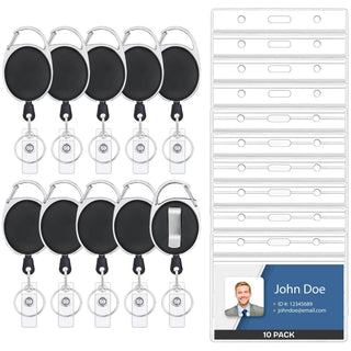 Will Well ID Badge Holders with Clip and Keyring - Vertical Clear Plastic 2.52" x 3.58" Sleeves Fit Up to 3 Cards - Retractable 24" UHMWPE Fiber Pull Cords for Easy Access - 2-Pack, Black Reels