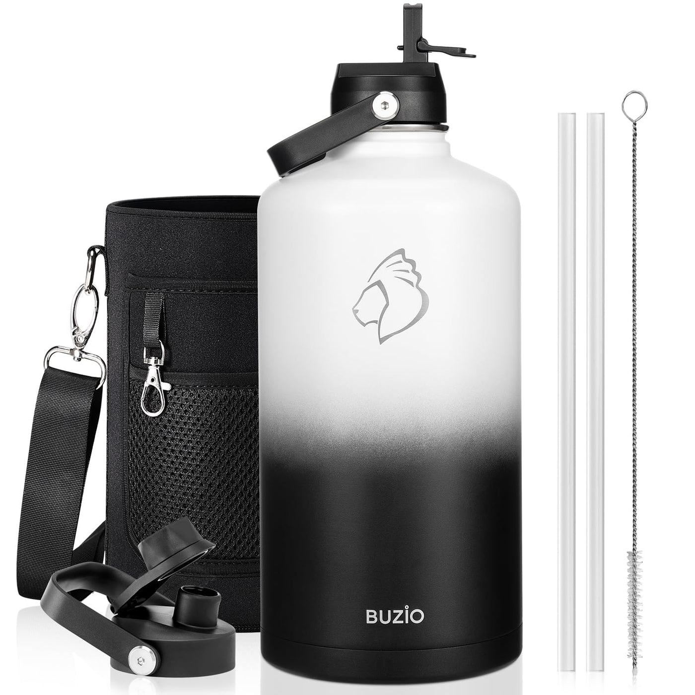 BUZIO 40oz Insulated Water Bottle, Triple Wall Vacuum Stainless Steel Water Flask with 2 lids, Lead-Free BPA-Free Straw Lid Sports Canteen Jug, Cold 48H & Hot 24H- Black