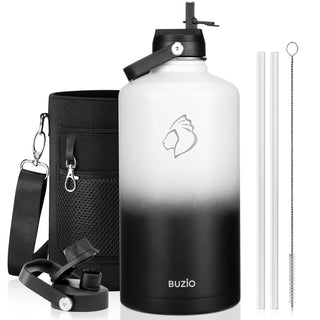 BUZIO 40oz Insulated Water Bottle, Triple Wall Vacuum Stainless Steel Water Flask with 2 lids, Lead-Free BPA-Free Straw Lid Sports Canteen Jug, Cold 48H & Hot 24H- Black