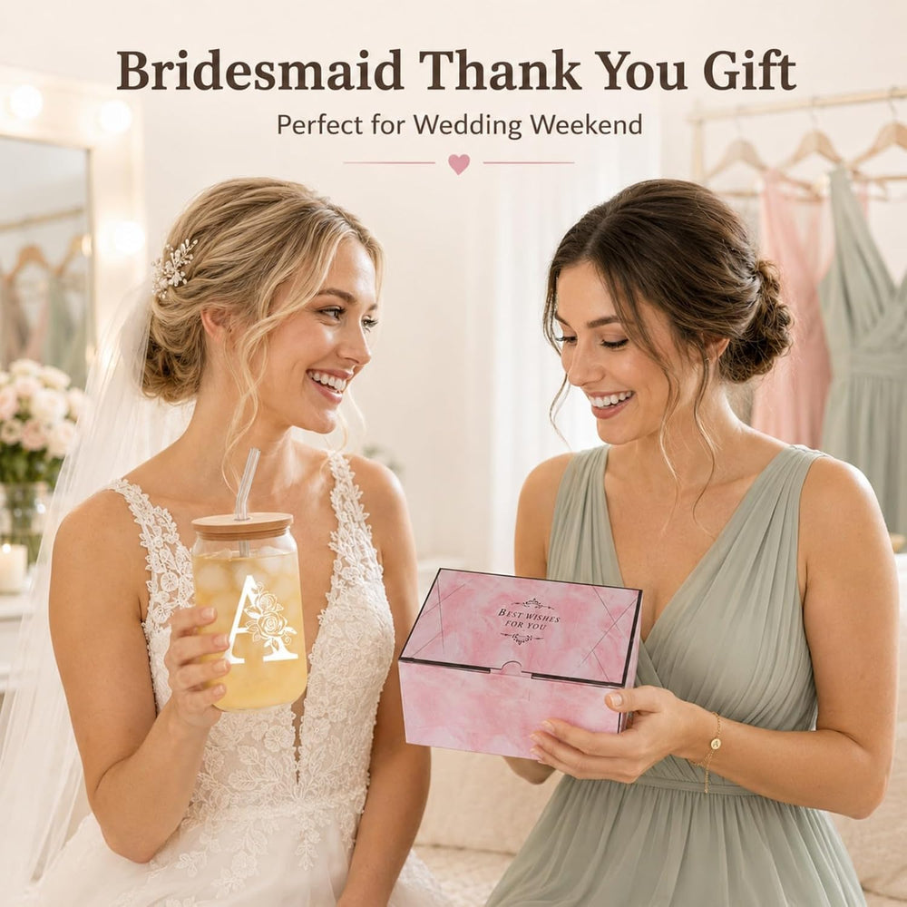 Bridesmaid Gifts for Women, Glass Cup and Bracelet Gift Set, Bridal Party Gift Box for Bridesmaid Thank You, Wedding Weekend, Bridal Shower or Proposal, Initial A
