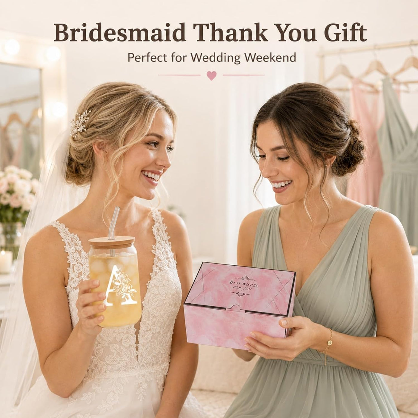Bridesmaid Gifts for Women, Glass Cup and Bracelet Gift Set, Bridal Party Gift Box for Bridesmaid Thank You, Wedding Weekend, Bridal Shower or Proposal, Initial A