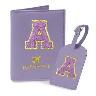 COSHAYSOO Purple Passport Cover Holder and Initial Luggage Tag Set TSA Approved with Personalized Monogram Chenille Letter Patch for Women Teen Girls, Cute Travel Bag Suitcase Identifier (A)