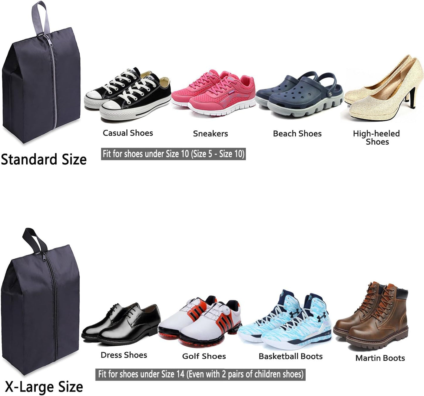 YAMIU Travel Shoe Bags Set of 4 Waterproof Nylon with Zipper for Men & Women, Black