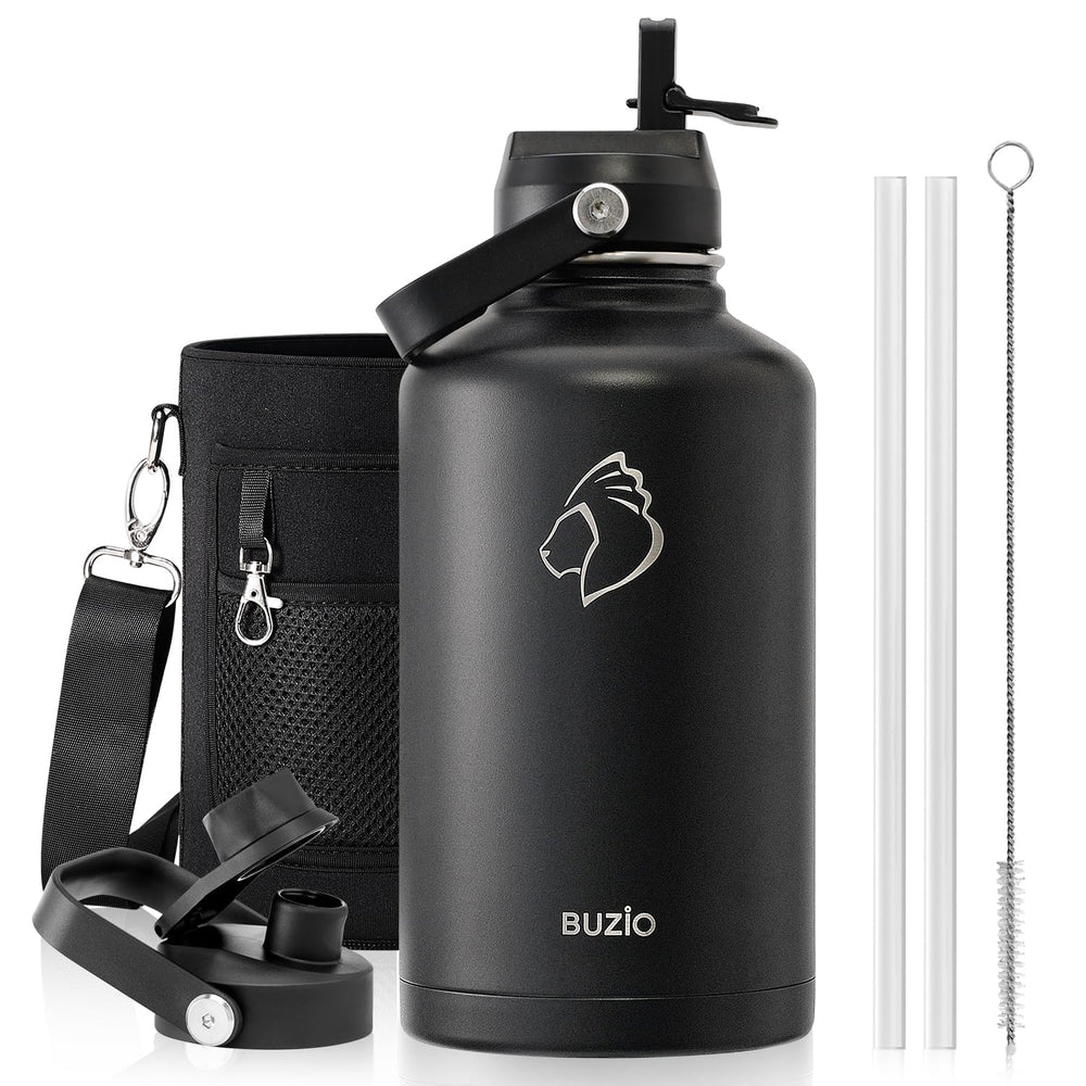 BUZIO 40oz Insulated Water Bottle, Triple Wall Vacuum Stainless Steel Water Flask with 2 lids, Lead-Free BPA-Free Straw Lid Sports Canteen Jug, Cold 48H & Hot 24H- Black