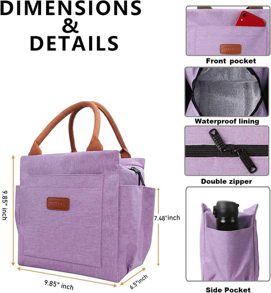 Joymee Lunch Bag Women, Reusable Leakproof Insulated Lunch Box- Purple | Large Capacity, Bottle Holder & Side Pockets, Leakproof Insulated Design, for Work, Travel, Picnic, for Adult - hover image