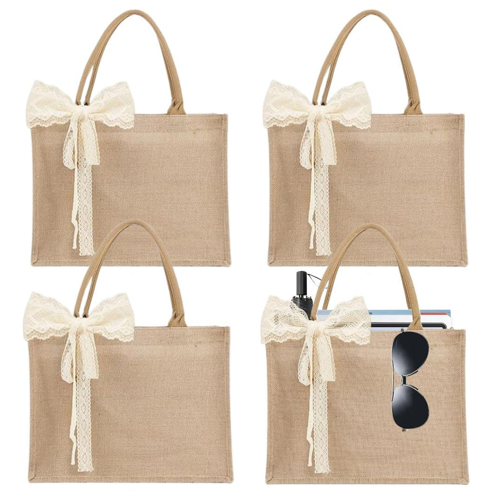 Small 6pcs Burlap Tote Bag Set with Handles, 11*9.45*3.94 Inch Waterproof Reusable Blank Grocery Bags with Ribbon Large Jute Tote for Women Bridesmaid Gift Beach Shopping Wedding Travel DIY
