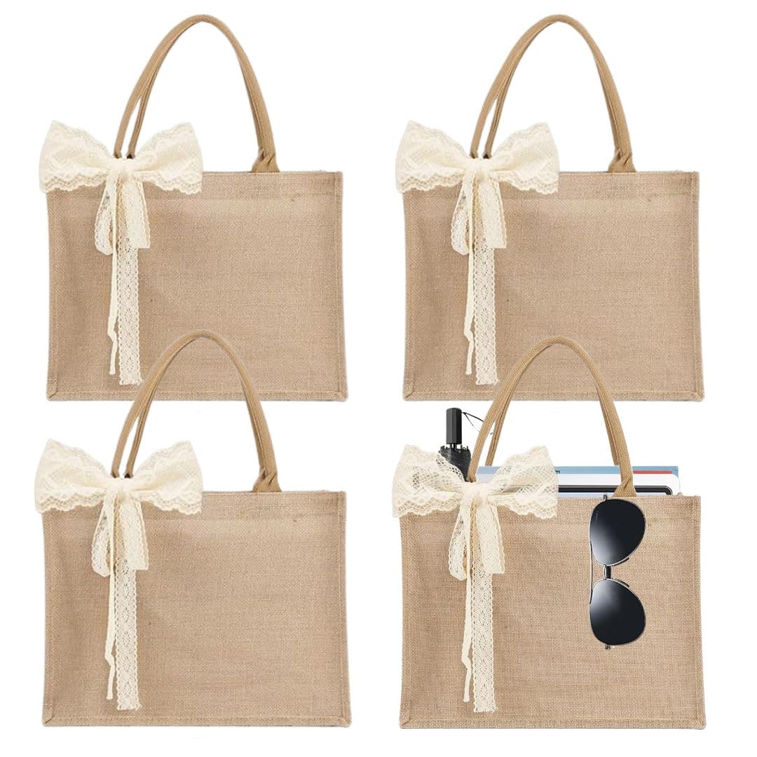 Small 6pcs Burlap Tote Bag Set with Handles, 11*9.45*3.94 Inch Waterproof Reusable Blank Grocery Bags with Ribbon Large Jute Tote for Women Bridesmaid Gift Beach Shopping Wedding Travel DIY