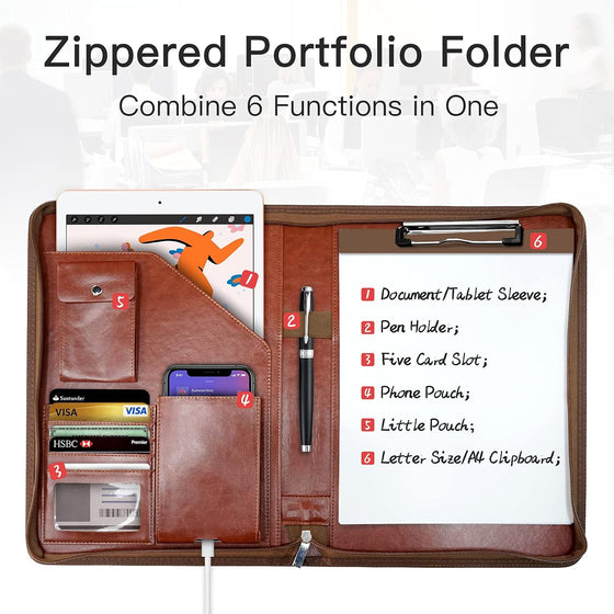 Zippered Padfolio Organizer, WRIYES Leather Planner Binder, 10.2 Inch Portfolio Folder for Documents, Letter Size Business Card Holder for Men&Women (Brown) - hover image