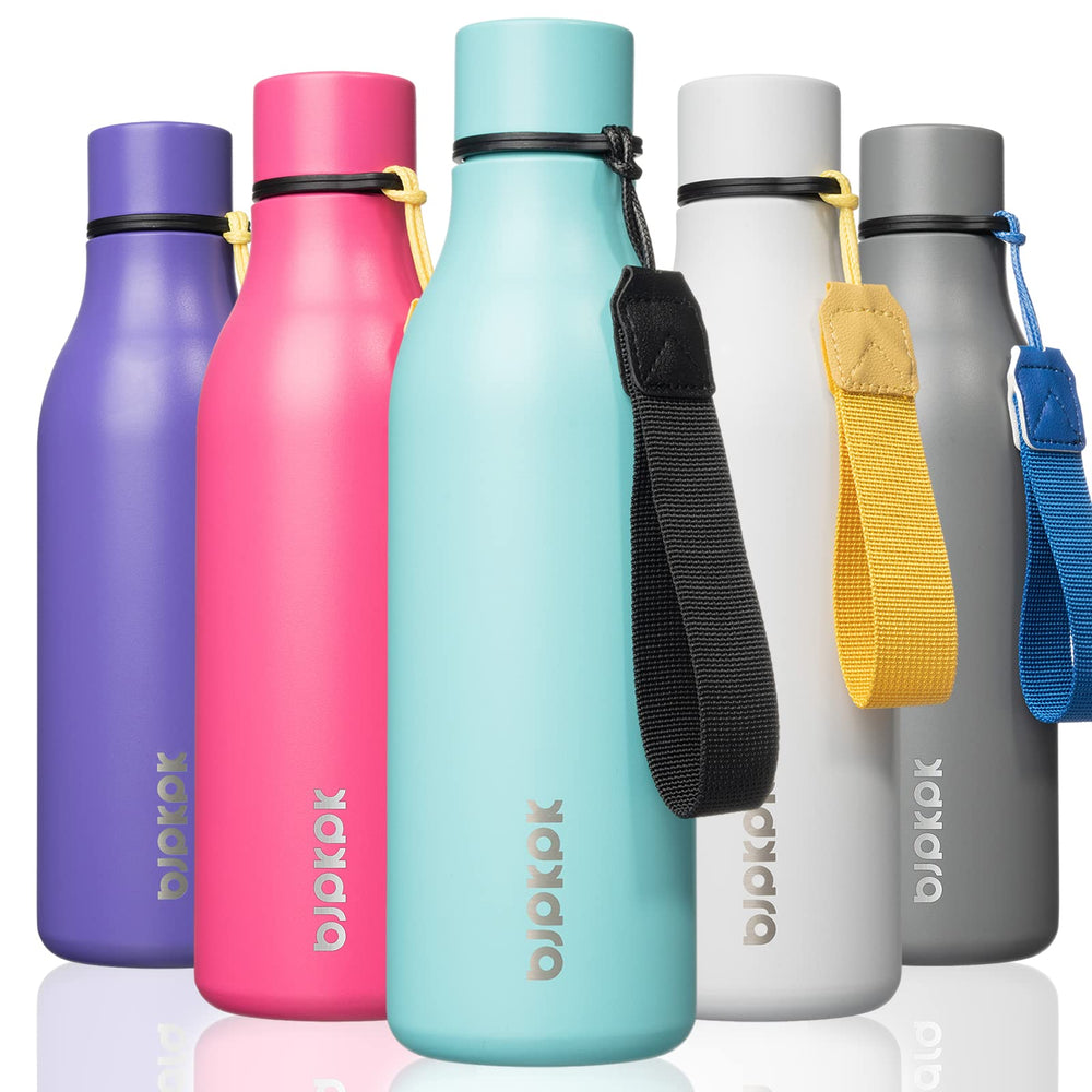 BJPKPK Insulated Water Bottles, 18 oz Stainless Steel Metal Water Bottle with Strap, BPA Free Leak Proof Jugs, Mugs, Flasks, Reusable Thermal Flasks for Sports & Travel, Orange