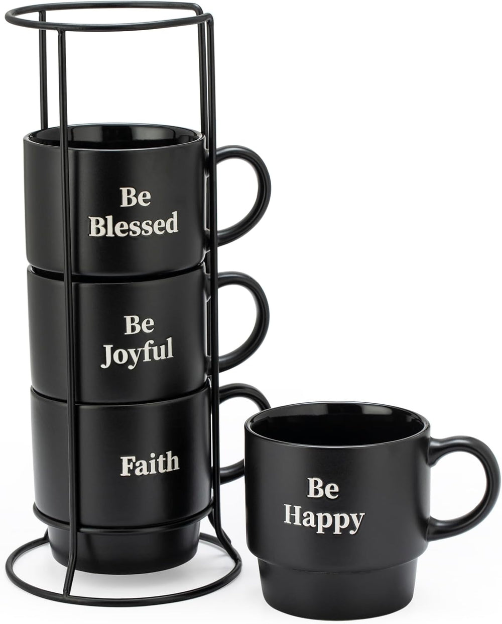Signature Housewares Stackable Coffee Mug Tower Set with Metal Wire Rack - 15 Ounce Coffee Mugs for Coffee, Tea, Cocoa, Milk, Cappuccino, Hot Chocolate Set of 4 - Be Happy Matte Black