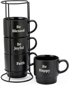 Signature Housewares Stackable Coffee Mug Tower Set with Metal Wire Rack - 15 Ounce Coffee Mugs for Coffee, Tea, Cocoa, Milk, Cappuccino, Hot Chocolate Set of 4 - Be Happy Matte Black