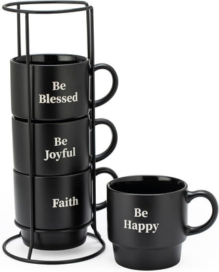 Signature Housewares Stackable Coffee Mug Tower Set with Metal Wire Rack - 15 Ounce Coffee Mugs for Coffee, Tea, Cocoa, Milk, Cappuccino, Hot Chocolate Set of 4 - Be Happy Matte Black