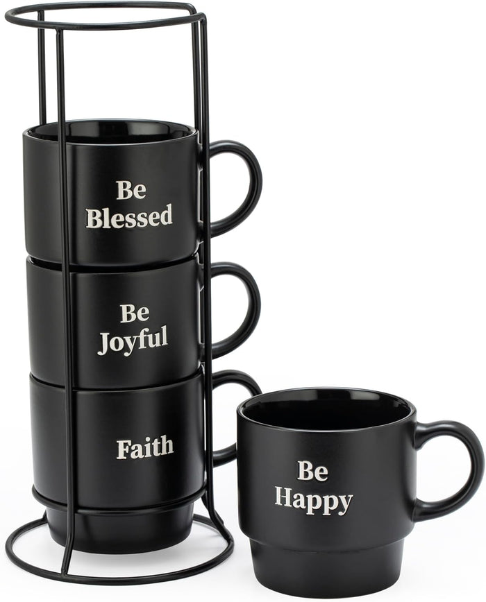 Signature Housewares Stackable Coffee Mug Tower Set with Metal Wire Rack - 15 Ounce Coffee Mugs for Coffee, Tea, Cocoa, Milk, Cappuccino, Hot Chocolate Set of 4 - Be Happy Matte Black