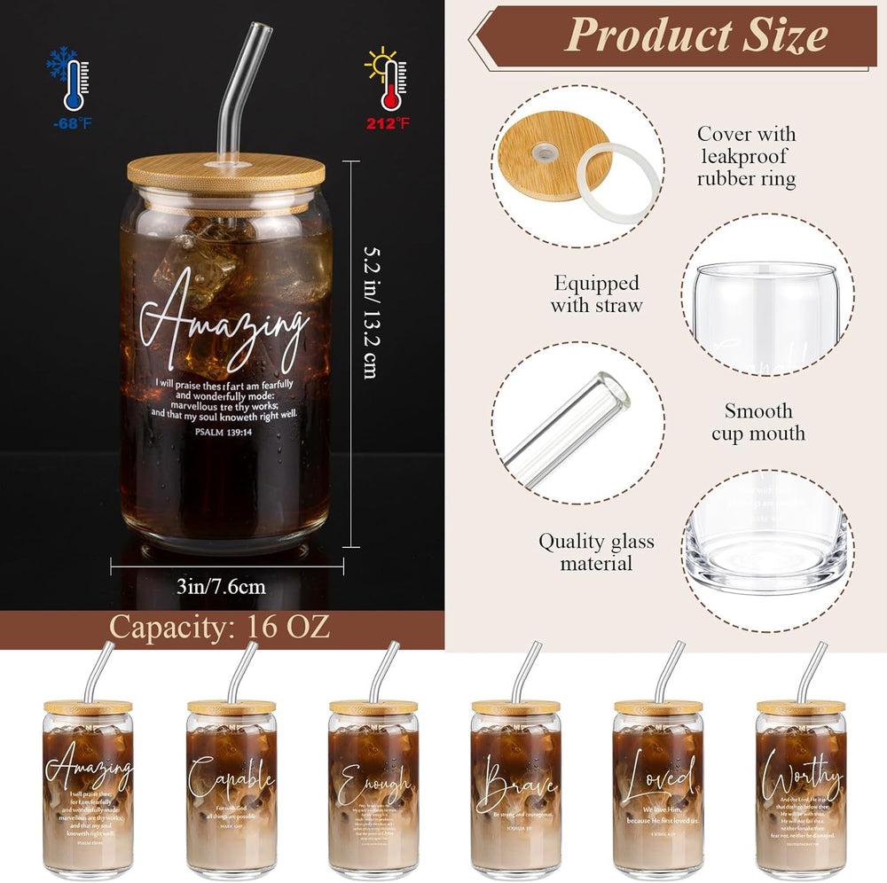 AmazingSpark 18 Pcs Fathers Day Christian Gift Bulk for Men Women 16 Oz Glass Cups with Lid Straw Bible Notebook Leather Prayer Journal with Pen Religious Gift for Church Member (Bible Words,Brown)