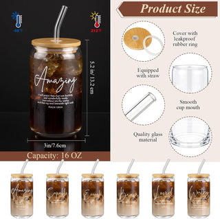 AmazingSpark 18 Pcs Fathers Day Christian Gift Bulk for Men Women 16 Oz Glass Cups with Lid Straw Bible Notebook Leather Prayer Journal with Pen Religious Gift for Church Member (Bible Words,Brown)