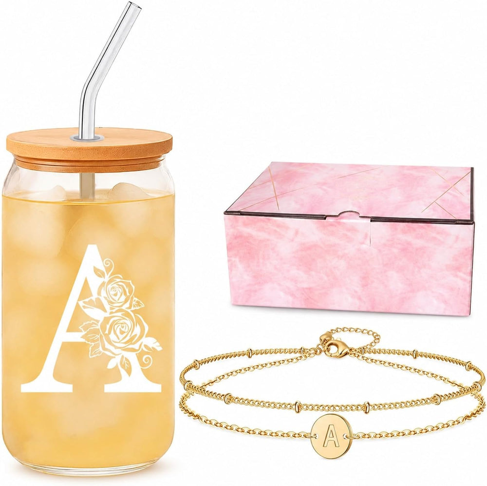 Bridesmaid Gifts for Women, Glass Cup and Bracelet Gift Set, Bridal Party Gift Box for Bridesmaid Thank You, Wedding Weekend, Bridal Shower or Proposal, Initial A