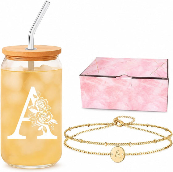 Bridesmaid Gifts for Women, Glass Cup and Bracelet Gift Set, Bridal Party Gift Box for Bridesmaid Thank You, Wedding Weekend, Bridal Shower or Proposal, Initial A