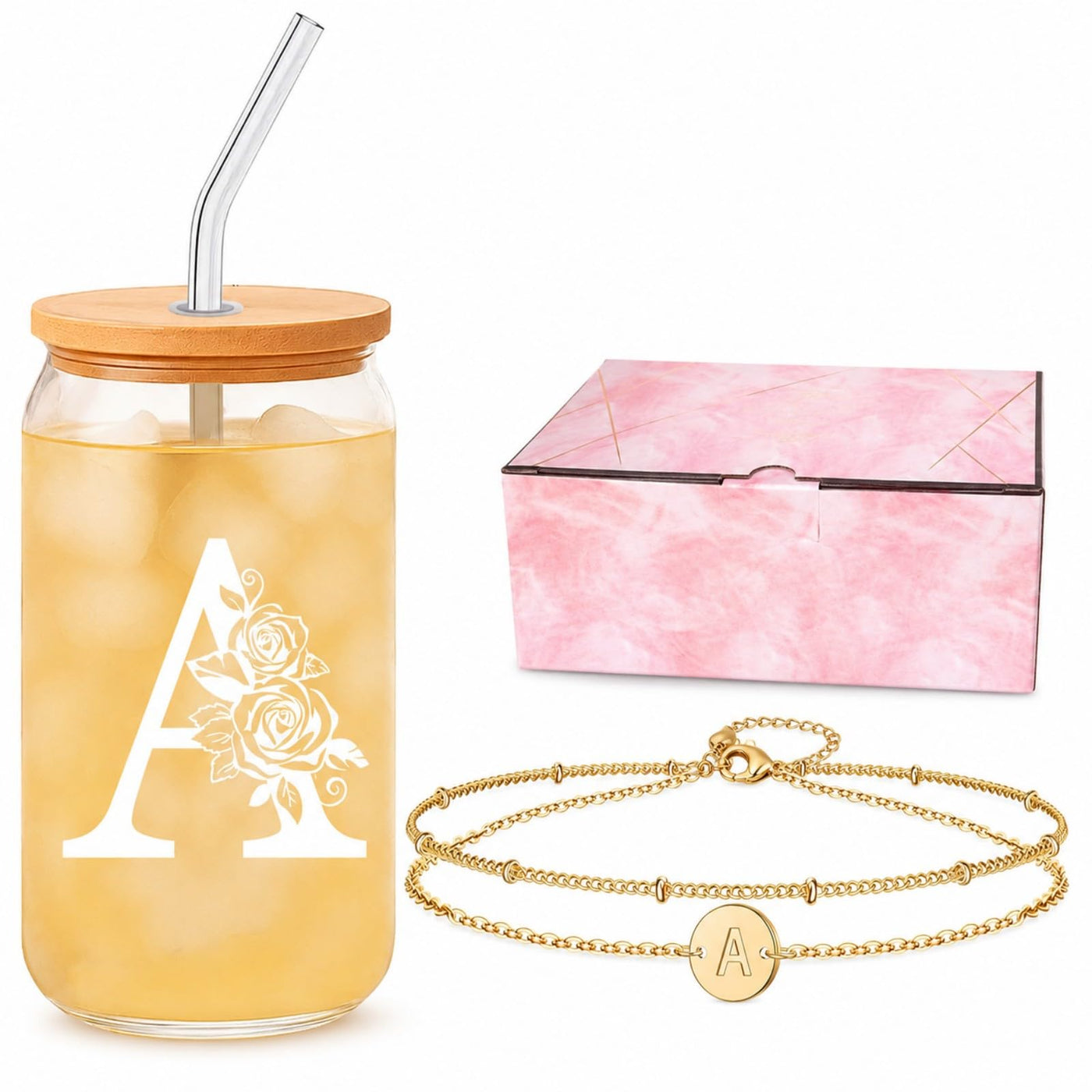 Sister Gifts for Women, Initial Glass Cup and Bracelet Gift Set, Personalized Ready to Gift Letter Keepsake for Birthday, Thank You and Just Because