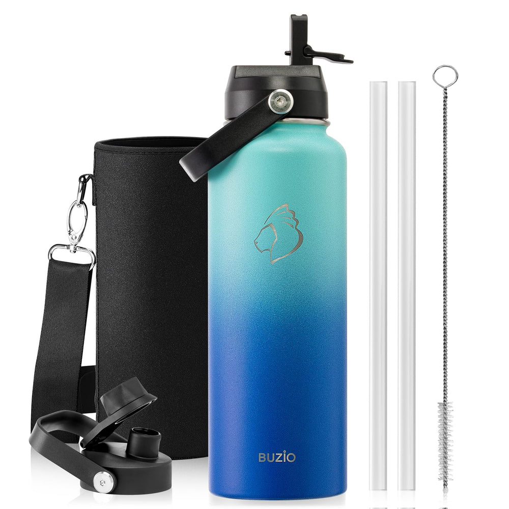 BUZIO 40oz Insulated Water Bottle, Triple Wall Vacuum Stainless Steel Water Flask with 2 lids, Lead-Free BPA-Free Straw Lid Sports Canteen Jug, Cold 48H & Hot 24H- Black