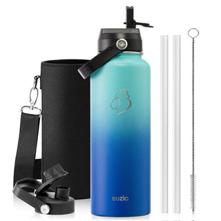 BUZIO 40oz Insulated Water Bottle, Triple Wall Vacuum Stainless Steel Water Flask with 2 lids, Lead-Free BPA-Free Straw Lid Sports Canteen Jug, Cold 48H & Hot 24H- Black