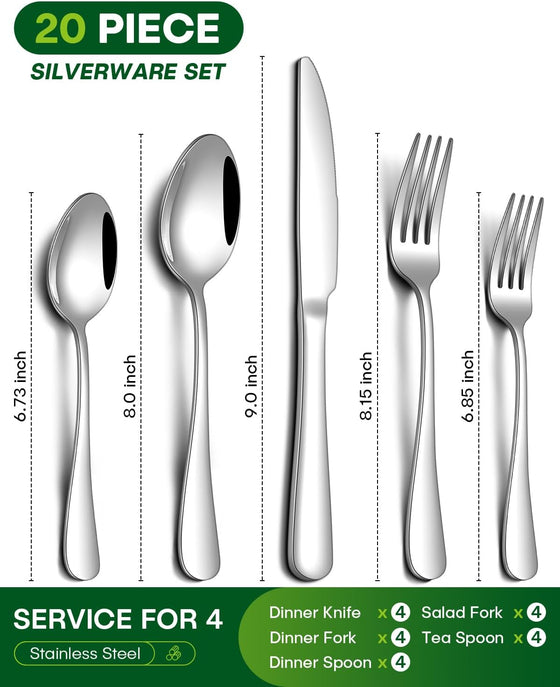 PHILIPALA 20 Piece Silverware Set, Stainless Steel Flatware Set for 4 Food Grade Novelty Flatware Cutlery Utensil Set Include Knife Fork Spoon Mirror Polished Dishwasher Safe - hover image