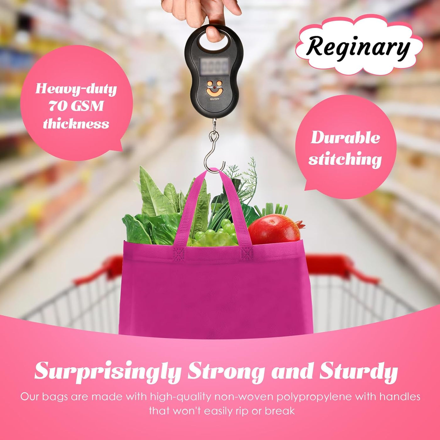 Reginary 100 PCS Reusable Totes Bags - Non Woven Grocery Handle Bags for Shop Events & Retail Store(Rose Pink)