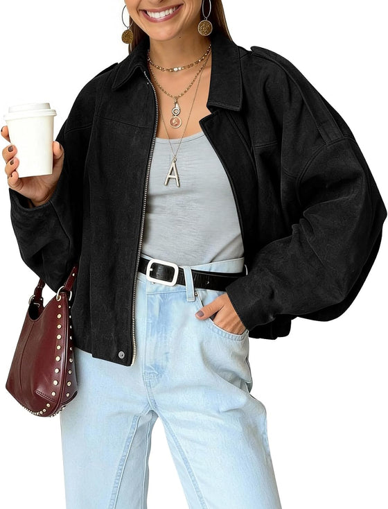 Kissonic Womens Faux Suede Bomber Jacket Oversized Batwing Long Sleeve Zip Up Cropped Coat Streetwear
