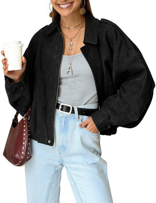 Kissonic Womens Faux Suede Bomber Jacket Oversized Batwing Long Sleeve Zip Up Cropped Coat Streetwear