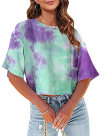 Tankaneo Women Half Sleeve Cropped T-Shirts Drop Shoulder Round Neck Crop Tops Casual Summer Solid Color Basic Tees