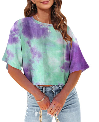 Tankaneo Women Half Sleeve Cropped T-Shirts Drop Shoulder Round Neck Crop Tops Casual Summer Solid Color Basic Tees