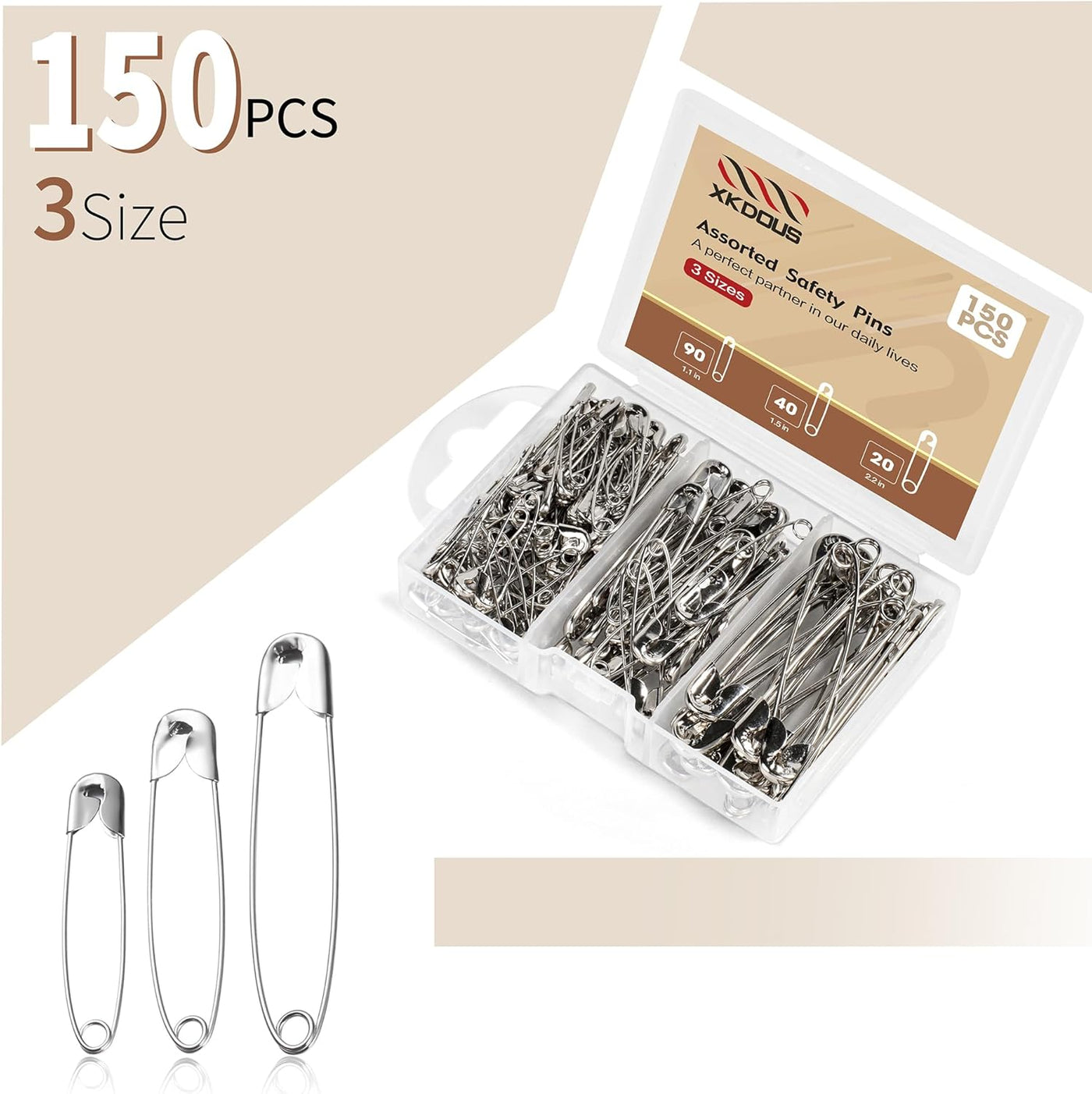 XKDOUS 3 Most Universal Safety Pins Assorted Sizes, Small & Large Safety Pins for Clothes, 150 Pack Silver Sharp Edge Pins for Clothing, Sewing & Craft Supplies