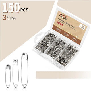 XKDOUS 3 Most Universal Safety Pins Assorted Sizes, Small & Large Safety Pins for Clothes, 150 Pack Silver Sharp Edge Pins for Clothing, Sewing & Craft Supplies