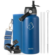 BUZIO 40oz Insulated Water Bottle, Triple Wall Vacuum Stainless Steel Water Flask with 2 lids, Lead-Free BPA-Free Straw Lid Sports Canteen Jug, Cold 48H & Hot 24H- Black