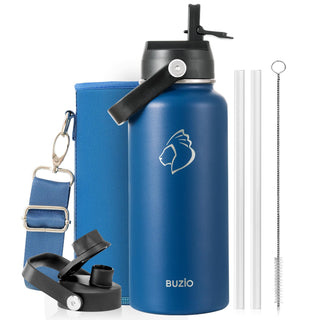 BUZIO 40oz Insulated Water Bottle, Triple Wall Vacuum Stainless Steel Water Flask with 2 lids, Lead-Free BPA-Free Straw Lid Sports Canteen Jug, Cold 48H & Hot 24H- Black