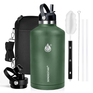 SENDESTAR Water Bottle 32oz Double Wall Vacuum Insulated Leak Proof Stainless Steel Sports Water Bottle—Wide Mouth with New Flex Straw Lid & Spout Lid (Deep Blue&Black)