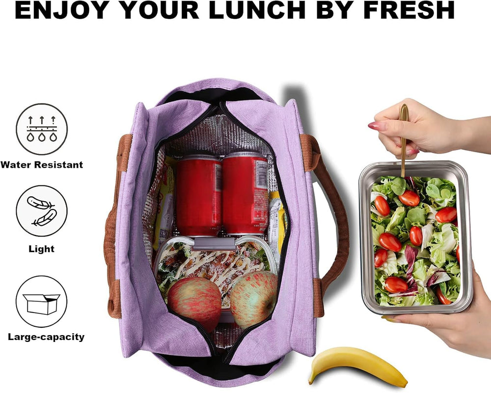 Joymee Lunch Bag Women, Reusable Leakproof Insulated Lunch Box- Purple | Large Capacity, Bottle Holder & Side Pockets, Leakproof Insulated Design, for Work, Travel, Picnic, for Adult