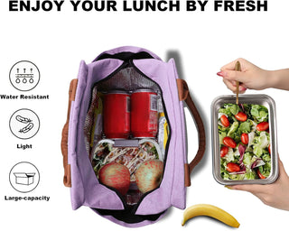Joymee Lunch Bag Women, Reusable Leakproof Insulated Lunch Box- Purple | Large Capacity, Bottle Holder & Side Pockets, Leakproof Insulated Design, for Work, Travel, Picnic, for Adult