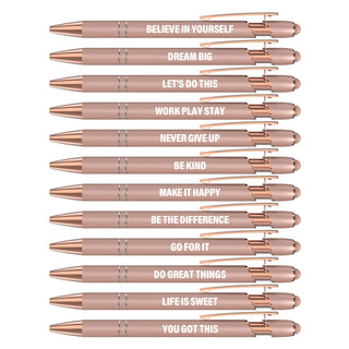 Actsun Funny Pens - 12 Pack Fine Point Smooth Writing Pens with Inspirational Tips, Black Ink, Touch Stylus Screens, Motivational Gift for Office & Desk Accessories