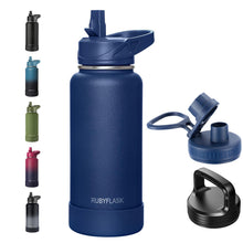 RUBYFLASK 32oz Insulated Water Bottle with Straw, Stainless Steel Metal Vacuum Water Flask, Large Thermal Water bottle with Leakproof 3 Lids for Travel, Camping, Gym Sports Indigo Black