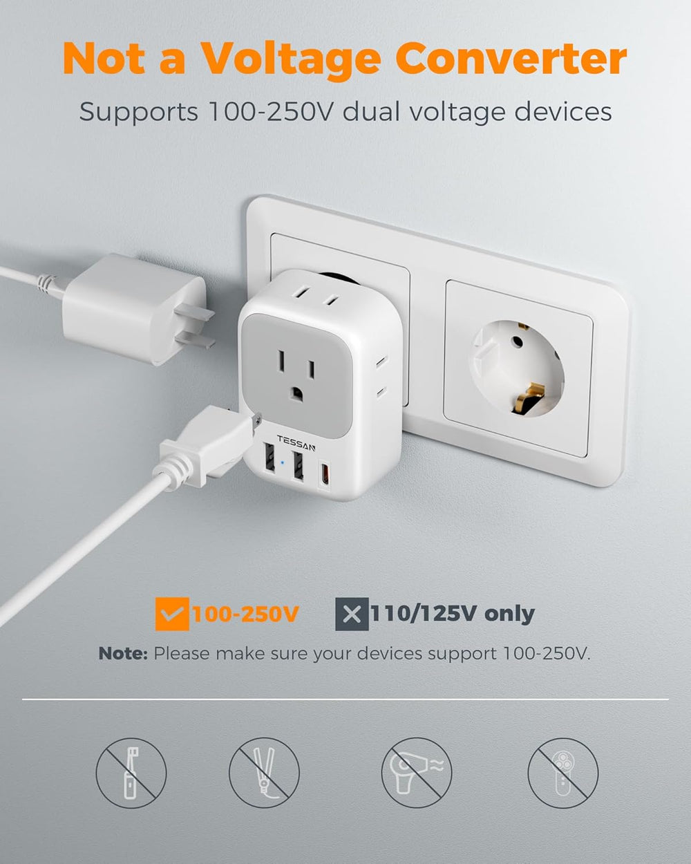 TESSAN 2 Pack European Travel Plug Adapter, Europe Power Converter 4 Outlets 3 USB(1 USB C PD 20W), Type C International Adaptor to Italy Spain France Portugal Iceland Germany, EU Travel Essentials