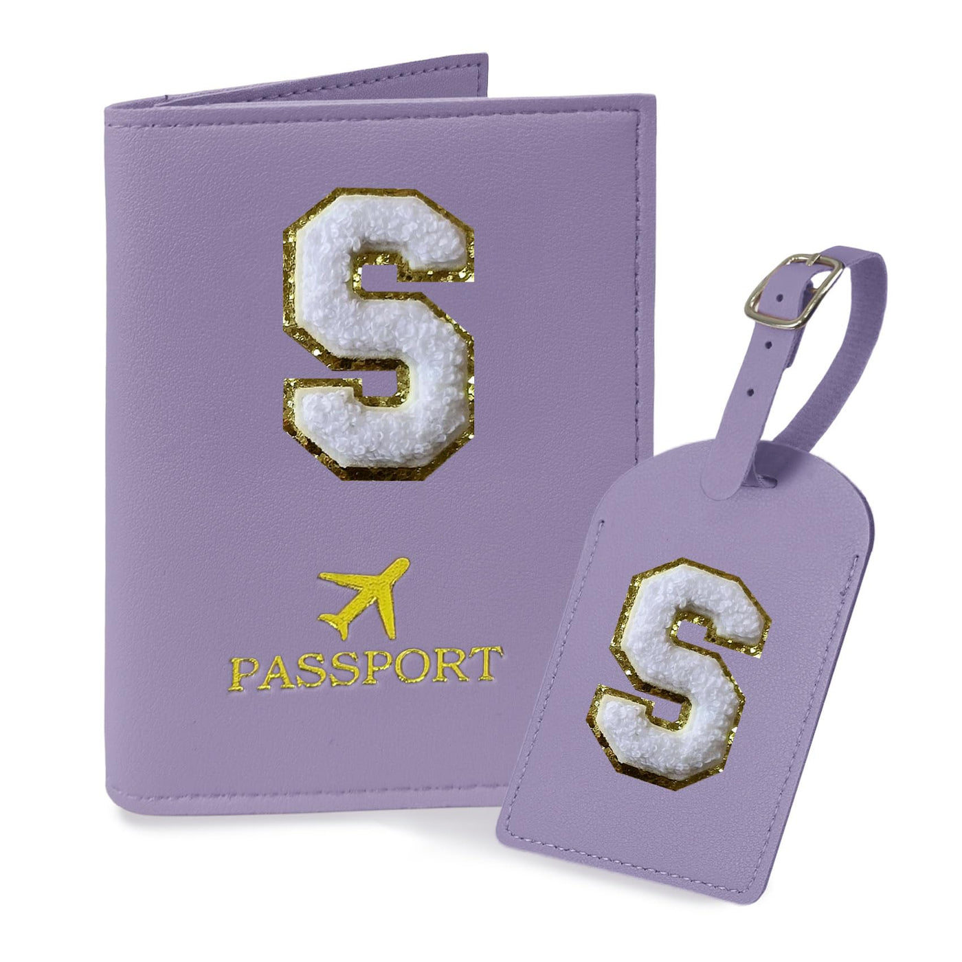 COSHAYSOO Purple Passport Cover Holder and Initial Luggage Tag Set TSA Approved with Personalized Monogram Chenille Letter Patch for Women Teen Girls, Cute Travel Bag Suitcase Identifier (A)