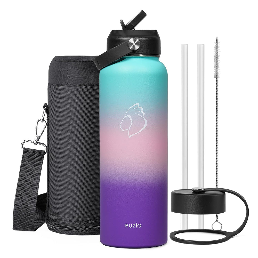 BUZIO 40oz Insulated Water Bottle, Triple Wall Vacuum Stainless Steel Water Flask with 2 lids, Lead-Free BPA-Free Straw Lid Sports Canteen Jug, Cold 48H & Hot 24H- Black