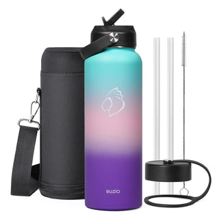 BUZIO 40oz Insulated Water Bottle, Triple Wall Vacuum Stainless Steel Water Flask with 2 lids, Lead-Free BPA-Free Straw Lid Sports Canteen Jug, Cold 48H & Hot 24H- Black