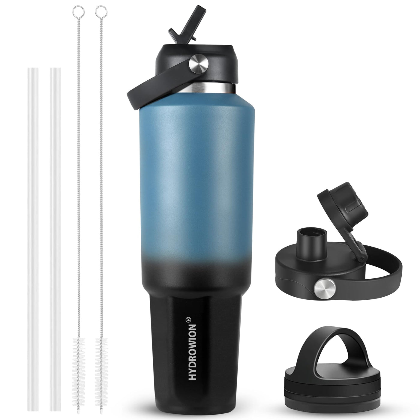 HYDROWION 32oz Stainless Steel Water Bottle(Cold for 48 Hrs, Hot for 24 Hrs), Double Wall Vacuum Insulated Water Flask with Straw Lid, Spout Lid and Flex Cap, Fit in Any Car Cup Holder, Cobalt