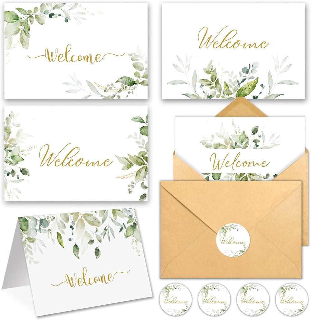 25 Pack 4x6In Welcome Cards for Guests, New Employees with Envelopes, 5 Elegant Green Leaf Designs Greeting Bulk Cards for Business, New Home, Wedding, Baby Shower, Hotels, Birthday