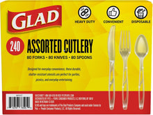 Glad Clear Disposable Cutlery Set with Heavy Duty Plastic Forks, Knives, and Spoons, Reusable Dishwasher Safe Plastic Utensils for Parties and Everyday Use, 240 Count