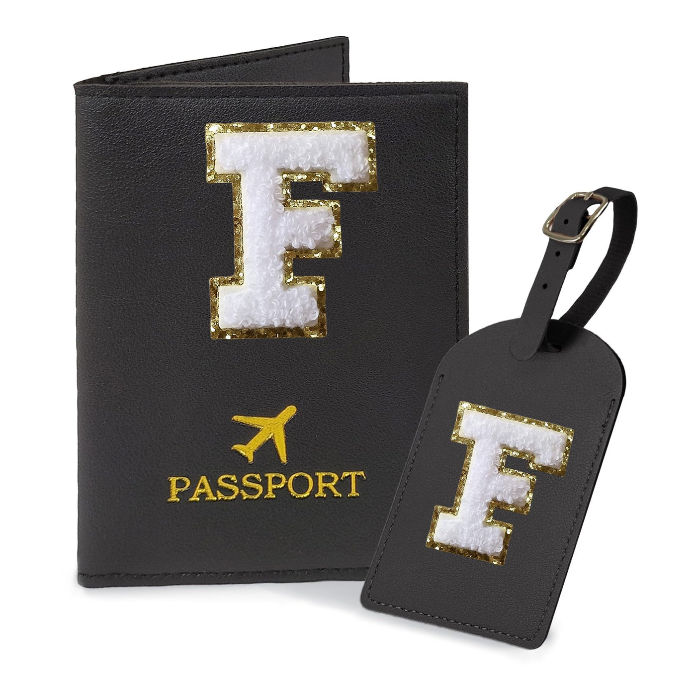 COSHAYSOO Purple Passport Cover Holder and Initial Luggage Tag Set TSA Approved with Personalized Monogram Chenille Letter Patch for Women Teen Girls, Cute Travel Bag Suitcase Identifier (A)