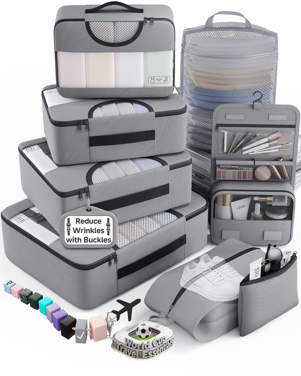 Veken 10 Set/8 Set Packing Cubes for Travel Essentials,Anti-Wrinkle Buckled Suitcase Organizer for Shoe & Toiletry Bag,Carry On Luggage Bag for Airplane & College Dorm Room Accessories,Women Men Gifts