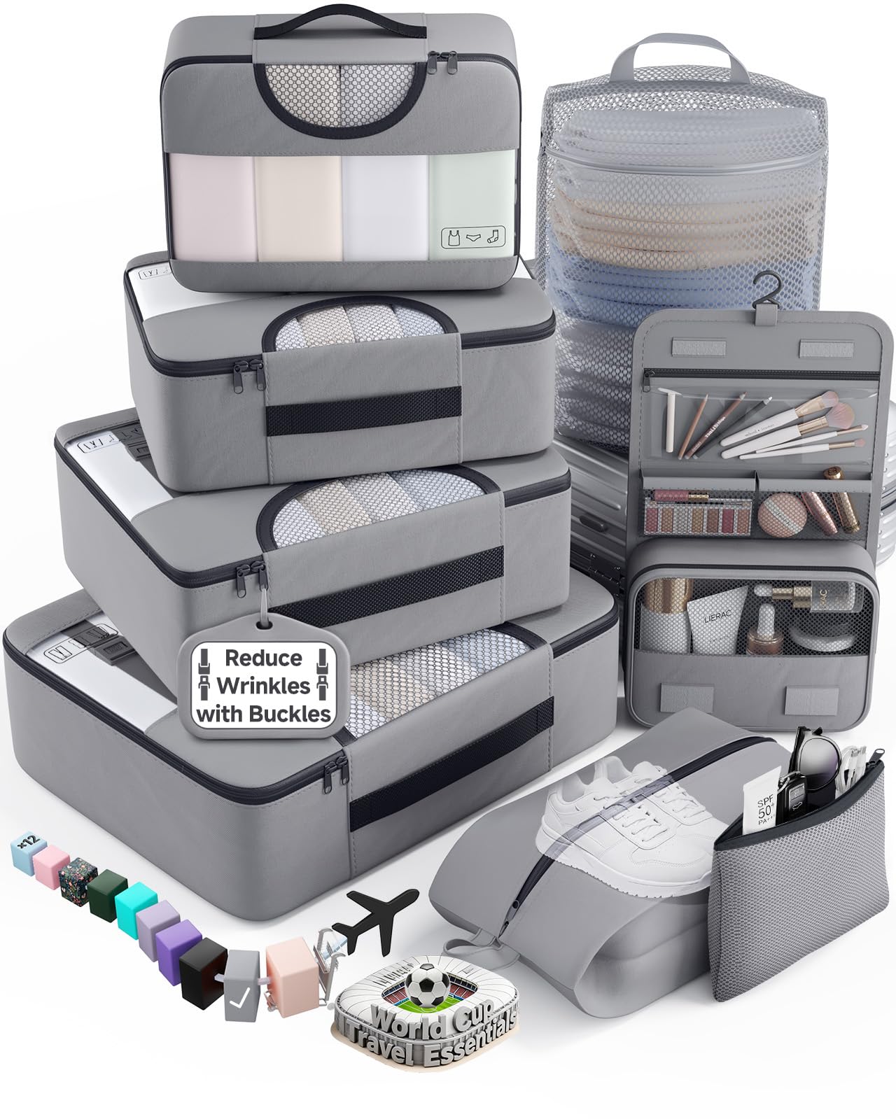 Veken 10 Set/8 Set Packing Cubes for Travel Essentials,Anti-Wrinkle Buckled Suitcase Organizer for Shoe & Toiletry Bag,Carry On Luggage Bag for Airplane & College Dorm Room Accessories,Women Men Gifts
